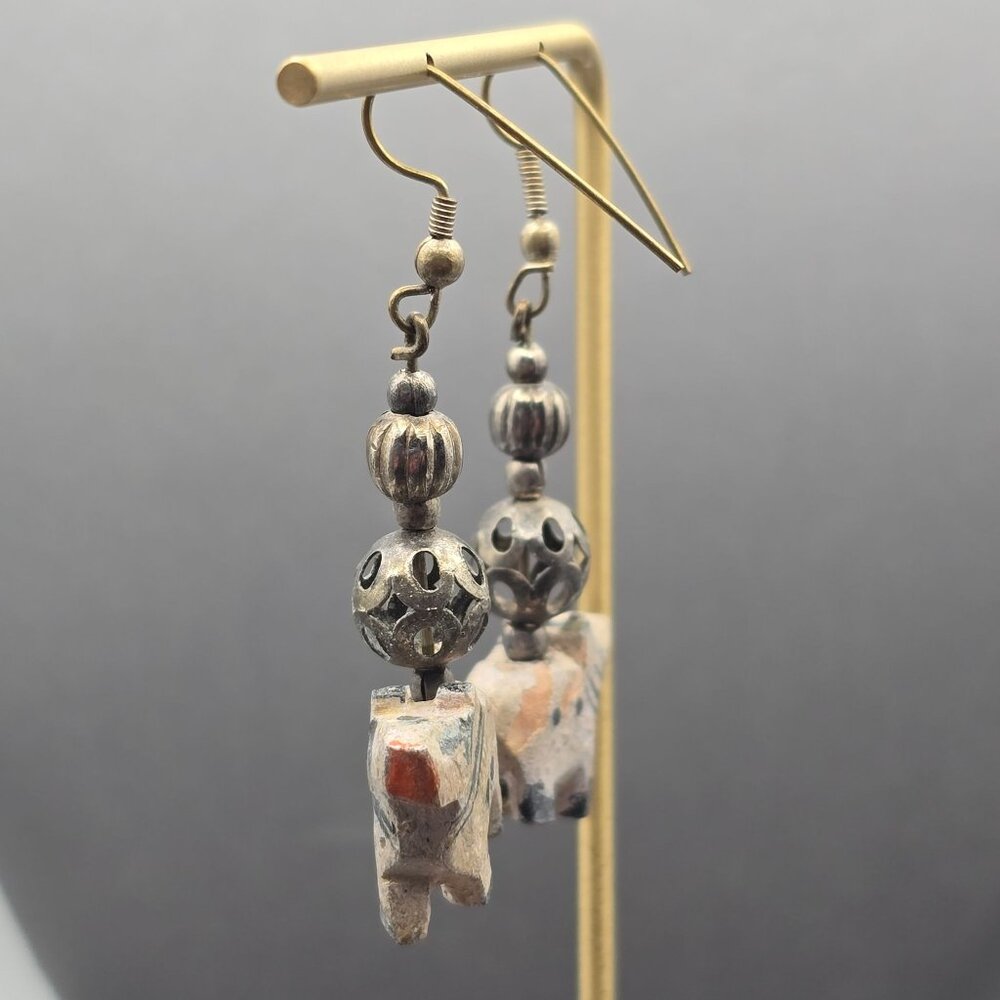 VTG Elephant Dangle Earrings 2.25" Carved Wood & Antique-Style Silver Beads - Picture 9 of 11